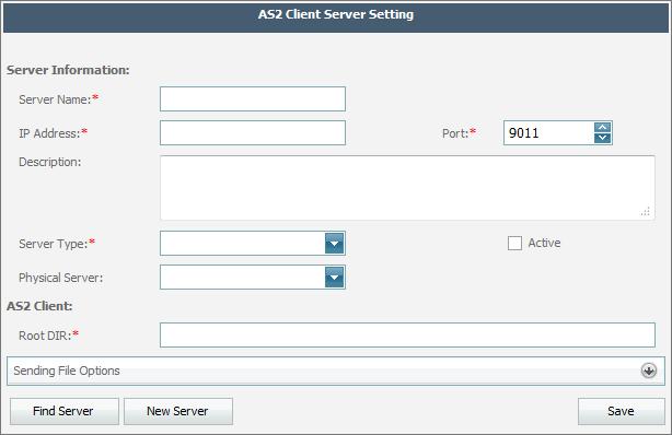 2. Click the New Server button. 3. Under Server Information, do the following: a. Type a name for the AS2 Server desired client in the Server Name box. b. Type the IP address for the appropriate AS2 server in the IP Address box.