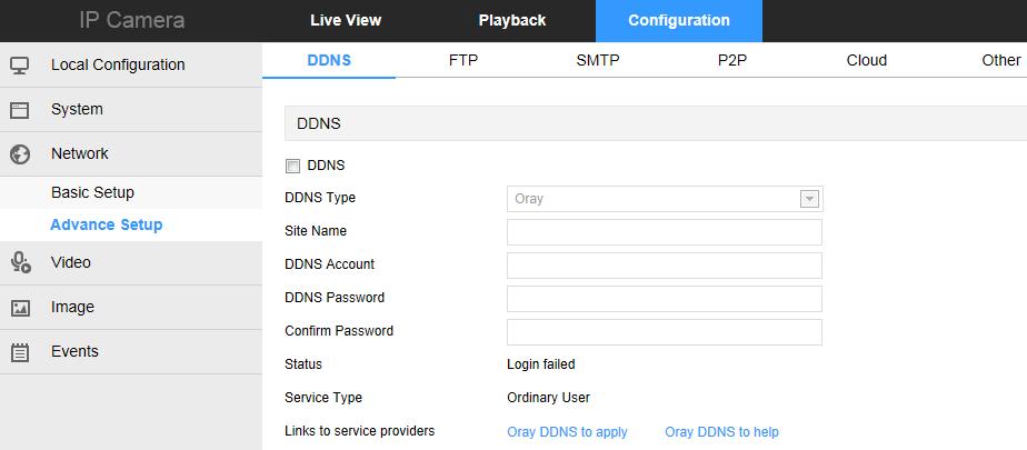 Open the DDNS (Dynamic Domain Name Server), click the link to register DDNS service account. Fill in the account name and password that you registered. Then you can access your IPC through DDNS.