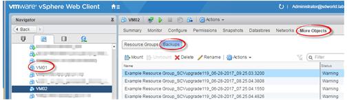 Backing up VMs, VMDKs, and datastores 27 2. In the left Navigator pane, select a VM for which you want to view backups, then select the Related Objects tab (or More Objects in vcenter 6.