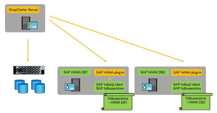 Figure 12) Individual hdbsql communication hosts. Figure 13 shows a mixed configuration with one central communication host and an SAP HANA plug-in, installed on the SAP HANA database host.