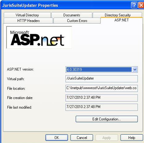 7. Click the OK button. 8. Click the ASP.NET tab. Select ASP version 4 from the ASP.NET version drop-down list.