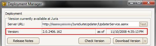 5. Click the Check Version button. This function checks the version of Juris Suite at the URL site. See Figure 27.3 Figure 27.3 6.