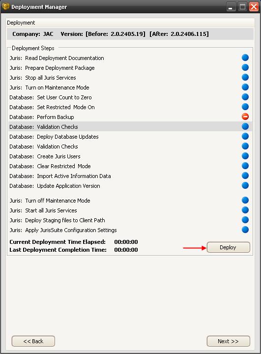 18. The Deployment Screen displays the Company Name, Before and After Version information, list of Deployment Steps and the