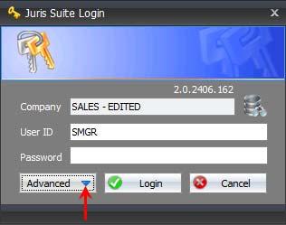 Advanced Functions of Login Screen The Juris Suite login screen contains several functions making it easier to make changes. The functions are listed below. Click the Advanced down arrow.