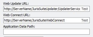 Web Update URL, Web Connect URL, and Application Data Path Allow you to make adjustments to the URLs and paths used for the Juris Suite Server functions.