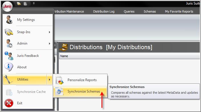 Synchronizing Schemas Warning: This is an important function that adds updated/changed information made to the Juris database table structure including metadata and UDFs (User Defined Fields).