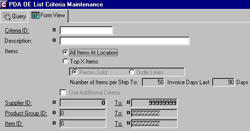 4 PDA ORDER ENTRY PERSONAL DIGITAL ASSISTANT GUIDE The PDA OE List Maintenance window allows you to set up the criteria by which items get downloaded for this ship to.