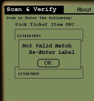If the match is incorrect, then the following screen is displayed, and you have to click OK to scan another item.