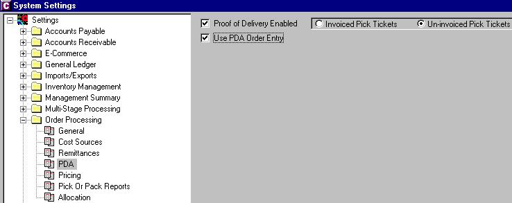 2 SOFTWARE INSTALLATION PERSONAL DIGITAL ASSISTANT GUIDE To set up PDA Order Entry in System Settings, go to the Order Processing folder in System Settings and select the PDA node.
