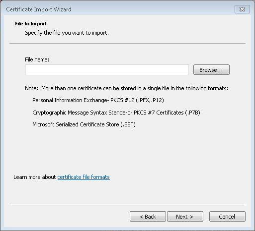9. Click Browse to locate the downloaded certificate file. An Open dialog box is displayed. 10.