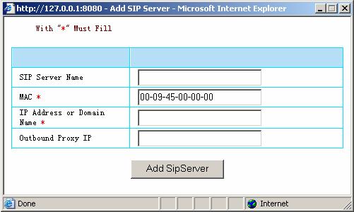 Add Sip Server: Click the Add SIP Server link on the navigation bar