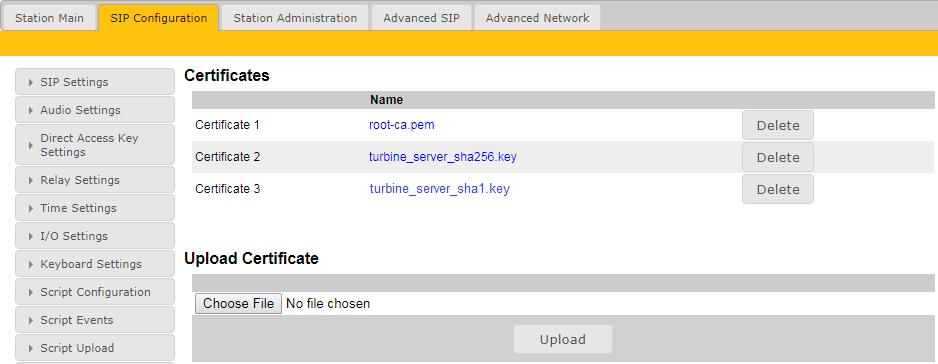 6.2. Add IP Office root Certificate Select SIP Configuration tab and from the left hand menu select Certificates. The Turbine certificates are listed.