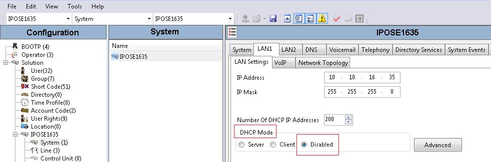 5.2. LAN1 configuration For the Turbine handsets to communicate with the IP Office DHCP MODE must be disabled.