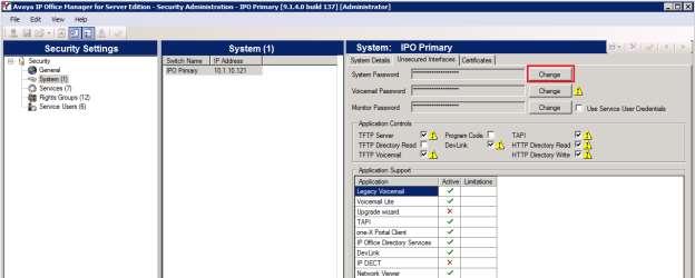 5.13. Administer System Password From the Avaya IP Office Manager Security Administration screen, select Security System from the configuration tree in the left pane to display the System: IPO