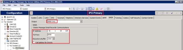 5.14. Administer SMDR From the configuration tree in the left pane for IPO Primary, select System to display the screen in the right pane, next select the SMDR sub-tab.