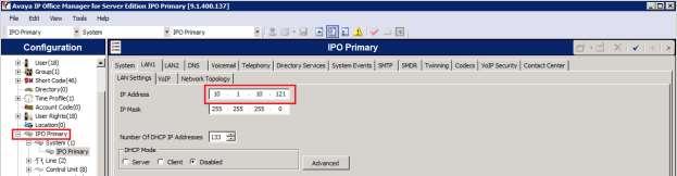 5.2. Obtain LAN IP Address From the configuration tree in the left pane, select System IPO Primary screen in the