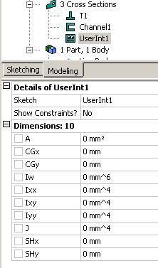 Cross Sections (6) A User Integrated section can be defined in DM The cross section is not sketched, rather the cross section s properties are placed in the details window A = Area of section.