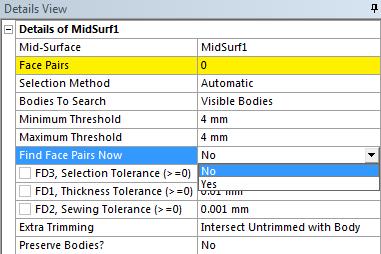Mid-Surface: Automatic (1) Automatic Method Switching the Selection Method from Manual to Automatic exposes several additional options Bodies to search: Limits search to visible bodies, selected