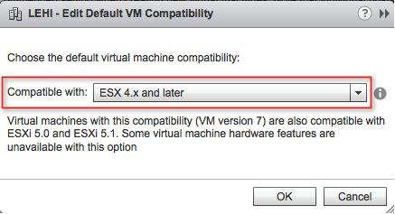 Setting a Default Virtual Machine Compatibility Level To help with managing virtual machine compatibility across clusters, vsphere 5.