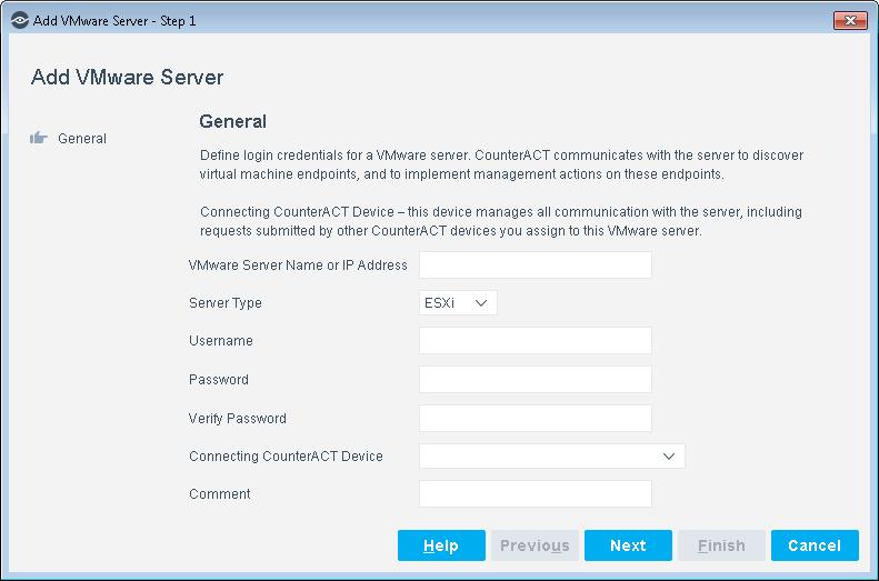 2. In the left pane, select VMware vsphere. The VMware vsphere pane opens to the VMware Server tab. 3. Select Add. The General tab opens. 4. Define Server parameters.