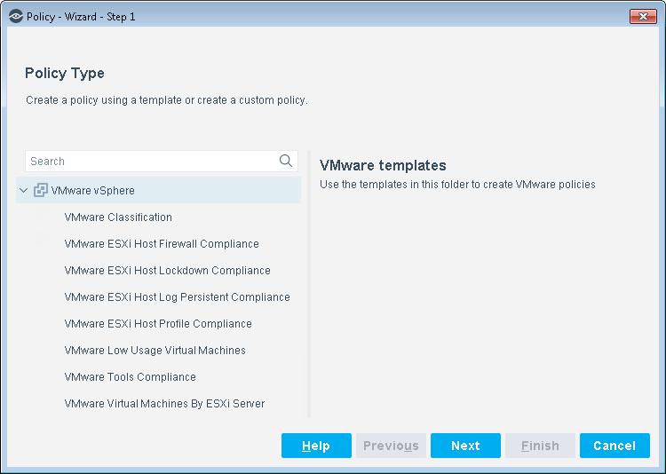 VMware Virtual Machines by ESXi Server Template - generates a policy that detects virtual machines hosted by a specific ESXi server.