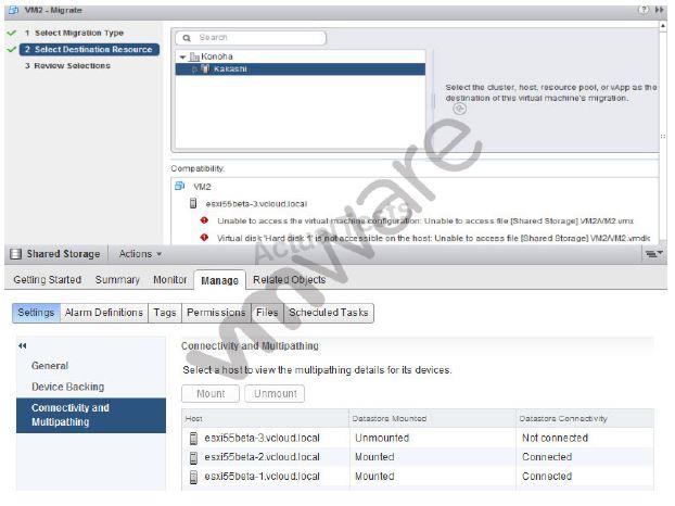 A vsphere administrator attempts to manually vmotion a virtual machine but receives error messages related to the Shared Storage datastore shown in the exhibit.