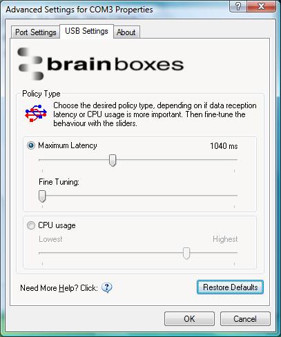 5. Advanced Settings USB Settings The Advanced USB Settings for the Brainboxes COM Port allow you to get the best performance from your device and system.