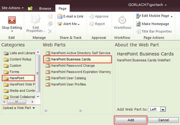 After that, open HarePoint category and choose HarePoint Business Cards web-part and click