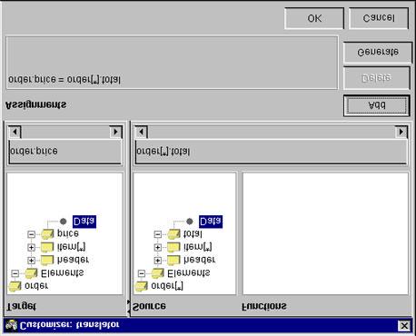 Here is the customizer example. In this case, the translator Xbean provides a GUI for specifying the mapping between a source document and a target document.