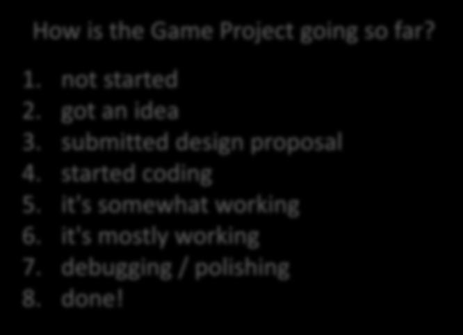 How is the Game Project going so far? 1. not started 2. got an idea 3.