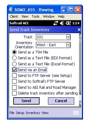 Figure 19 - Send Track Inventory Dialog The portable reader can also send track inventory to Softrail's AEI Rail and Road Manager program directly via a TCP/IP connection (see Paragraph 5.9).