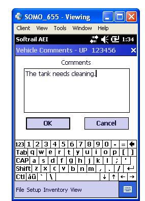Figure 23 - Vehicle Comments Dialog To display the keyboard, tap the white keyboard icon in the bottom right corner. Tapping this icon a second time will cause the keyboard to disappear.
