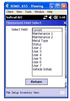 Figure 32 - Memorized Field Select Dialog The Memorized Field Select dialog displays all of the fields on which the portable reader maintains memorized