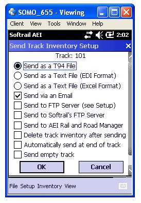 Figure 39 - Send Track Inventory Setup Dialog The portable reader can send track inventory in three types of file formats.