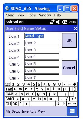 The user can specify unique names for these fields by using the User Field Names Setup function. To access this function tap the User Field Names Setup menu item under the Setup menu.