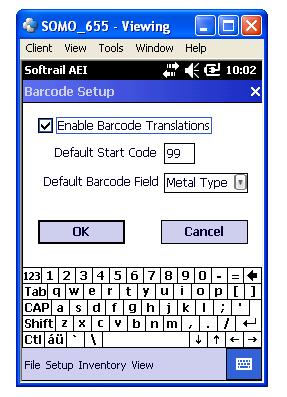 To read a barcode, depress the bottom center button below the screen (see Figure 8). To enable or disable barcode translations, select the Barcode Setup menu item under the Setup menu.