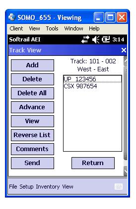 Figure 56 - Track View Dialog The Track View dialog allows the user to add a vehicle, delete a vehicle, or delete all rail vehicles on a track. 6.1.