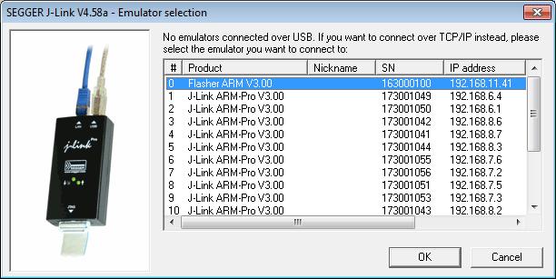 The connection dialog is opened by clicking Options -> Project settings -> General. The connection dialog allows the user to select how to connect to Flasher.