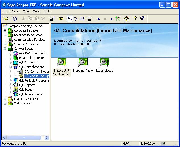 Setup Viewing the G/L Consolidations Folder This folder contains the following icons: Import Unit Maintenance, Mapping Table, and Export Setup. Introducing G/L Consolidations Import Unit Maintenance.