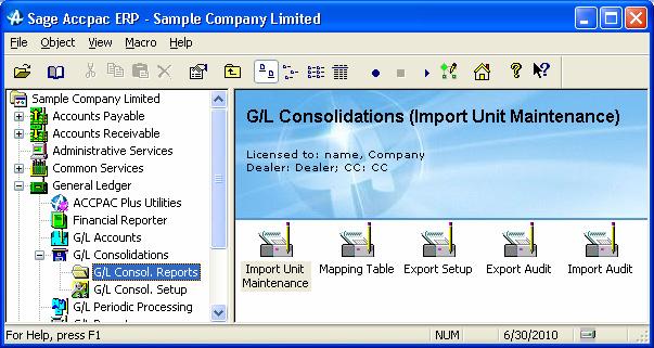 Viewing the G/L Consolidations Folder Reports There are five reports available in G/L Consolidations.