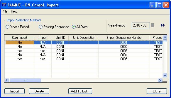 The columns on the grid include the following: Can Import column The Can Import column displays one of the following messages pertaining to the availability of general ledger data for import: Yes.