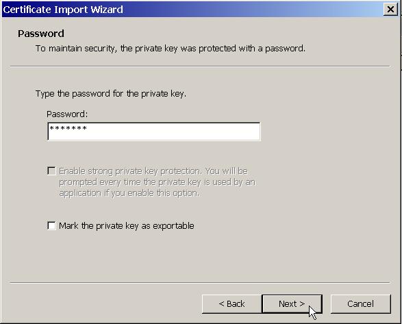The next dialog opened by the wizard will require you to enter a password.