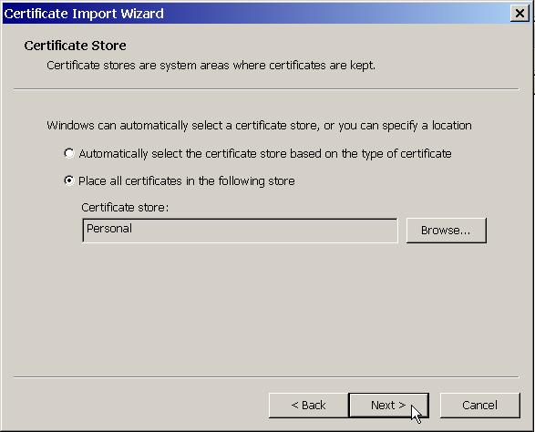After clicking Next, the Certificate Store dialog will be opened.
