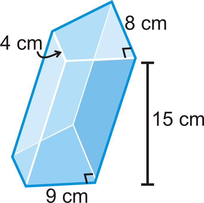 Solution: This is an oblique right trapezoidal prism. First, find the area of the trapezoid. B = 1 (9)(8 + 4) = 9(6) = 54 cm2 2 Then, multiply this by the height.