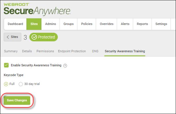 To enable provision for an existing site: 1. For the site you want to enable, click the Manage button. 2. Click the Security Awareness Training tab. 3.