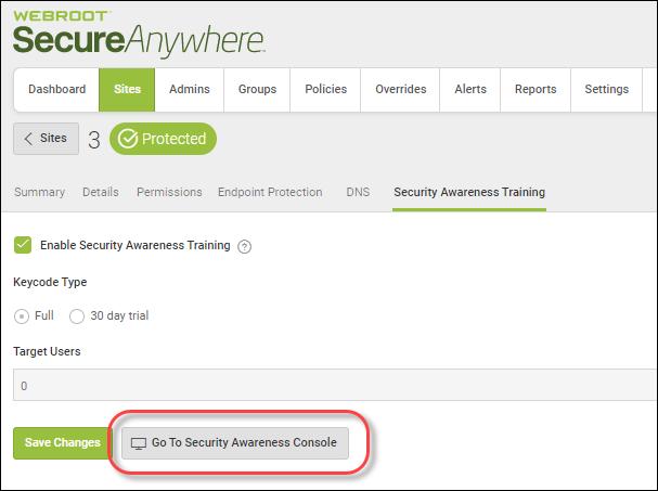 6. At any time, under the Security Awareness Training tab, you can view the Security Awareness Training status and target