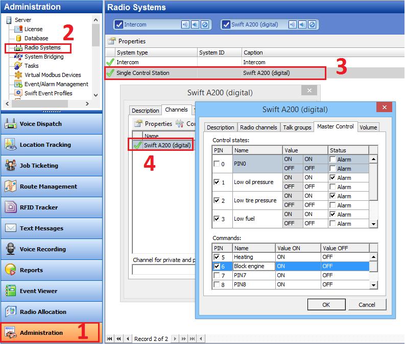 To configure pins: In the TRBOnet Dispatch console, click Administration and Radio Systems in the left pane (Figure 20, step 1 and 2).
