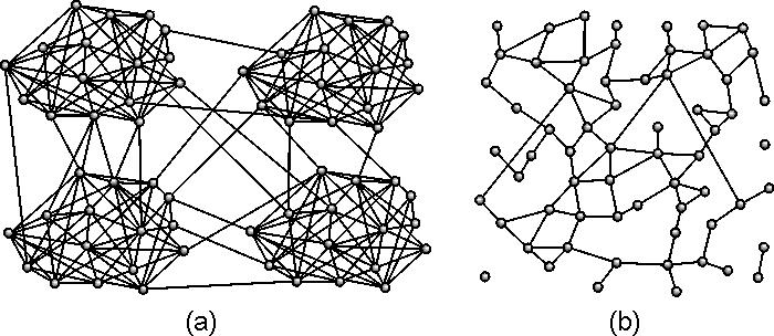 Figure 9: (a) An example of a random network with community structure formed by 64 vertices divides in 4 communities. (b) An example of geographical network formed by 64 vertices. 3.