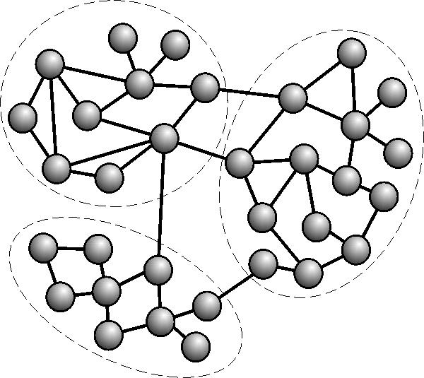 Figure 10: A network with community structure represented by the dashed lines. The communities are the groups of more intensely interconnected vertices. defined in a strong and a weak sense.