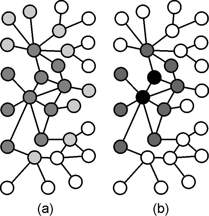 Figure 15: Example of morphological operations: (a) Dilation: the dilation of the initial subnetwork (dark gray vertices) corresponds to the dark and light gray vertices; (b) Erosion: the erosion of